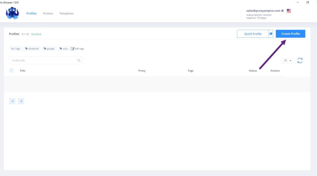 Octobrowser Create Profile