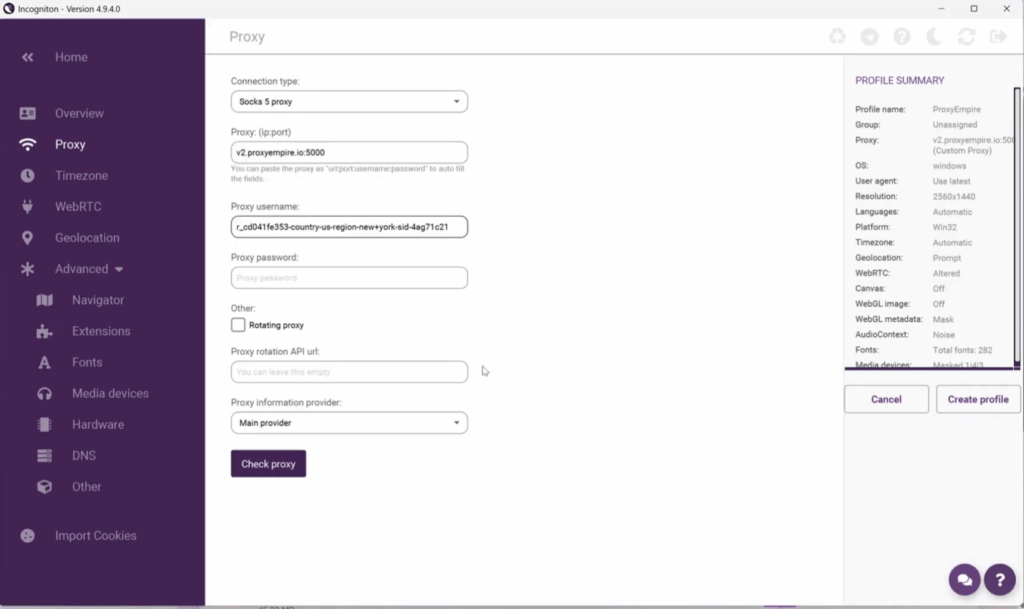Here's how the incogniton profile proxy field should look like.