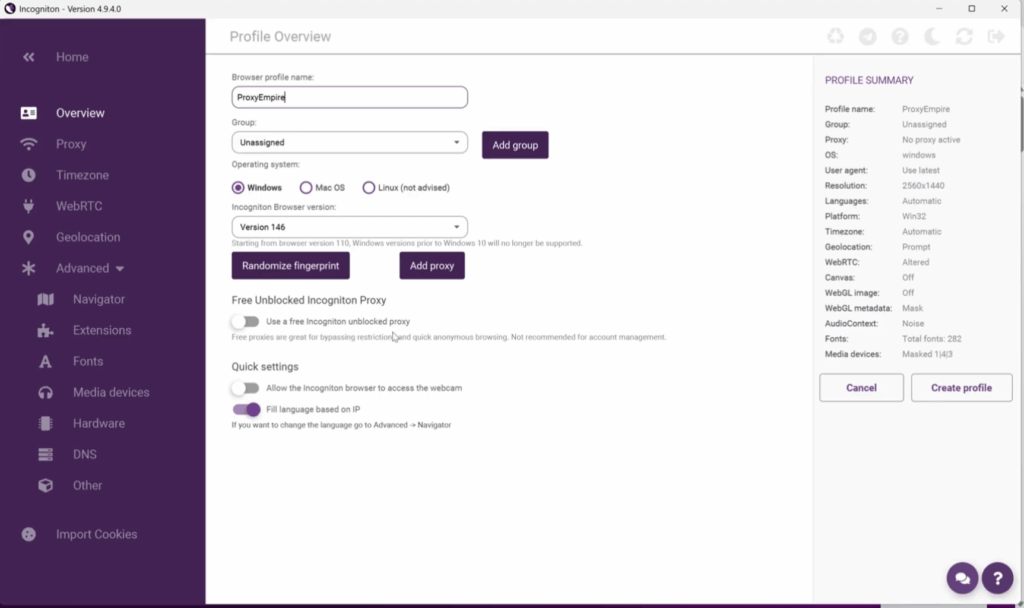 New Incogniton Profile Setup
