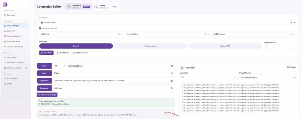 An example of how ProxyEmpire's proxy strings look like.
