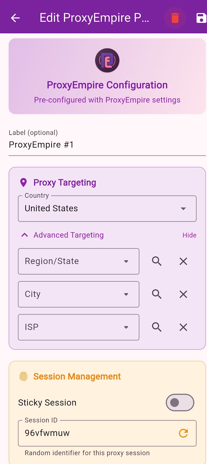 ProxyEmpire Proxy Manager Android app: profile with country, region, city and ISP targeting and a sticky session switch