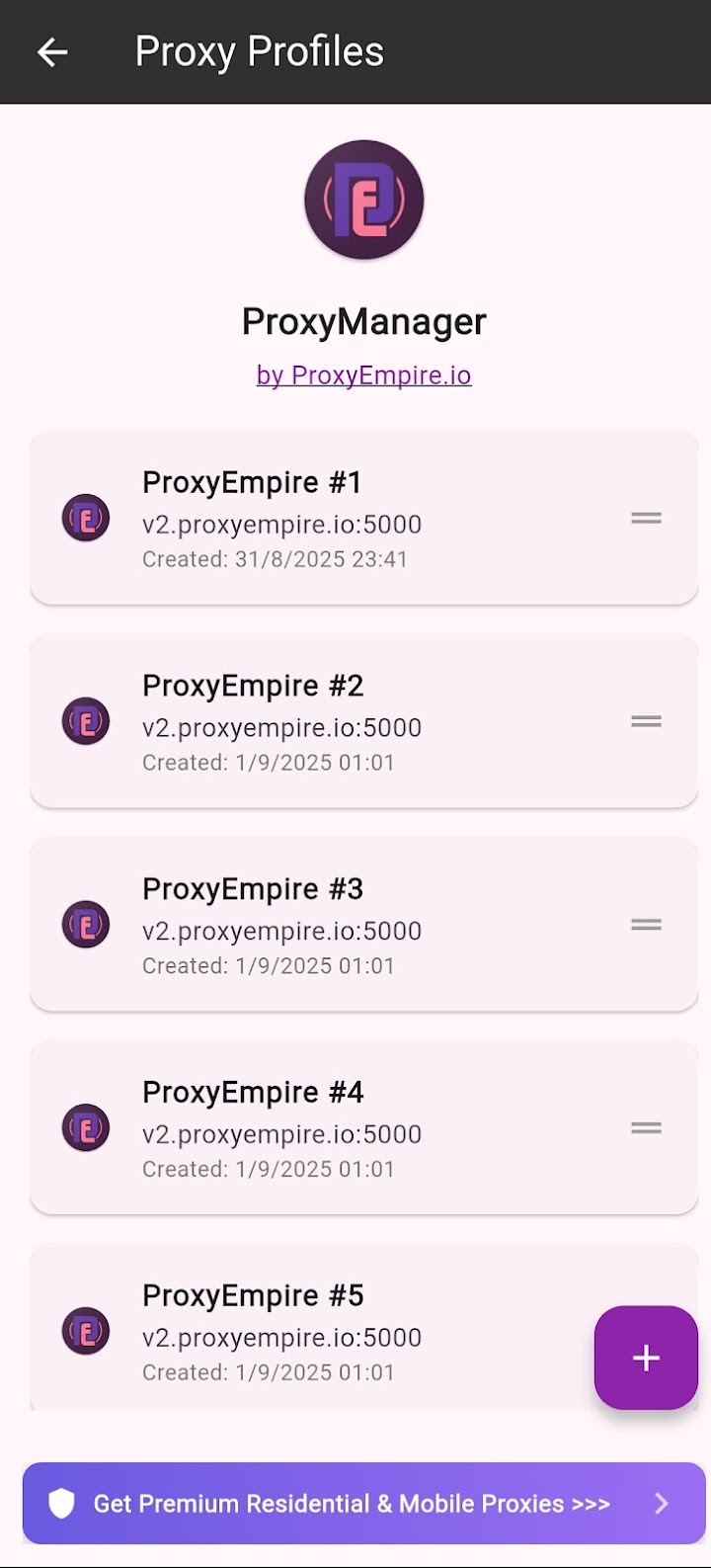 ProxyEmpire Proxy Manager Android app: list of saved ProxyEmpire proxy profiles