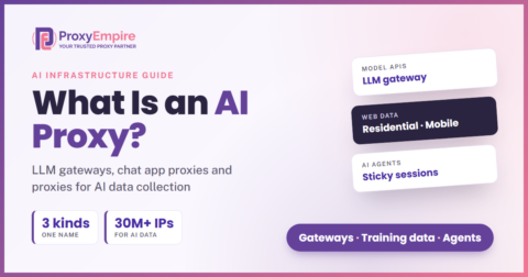 Three kinds of AI proxy: an LLM gateway in front of model APIs, a chat app API endpoint, and proxy exit IPs for AI web data collection