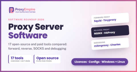 Proxy server software roundup card: Squid and Tinyproxy for forward proxying, NGINX and HAProxy for reverse proxying, mitmproxy and Charles for debugging