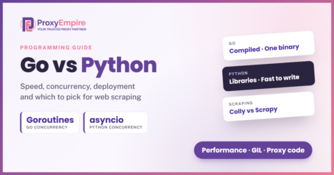 Go vs Python comparison card: Go compiles to one binary with goroutines, Python brings libraries and asyncio, with Colly vs Scrapy for scraping