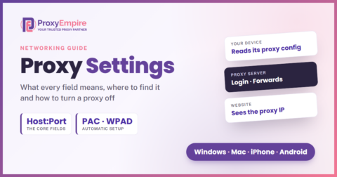 Proxy settings diagram: a device reads its proxy host, port and login, connects through the proxy server, and the website sees the proxy IP