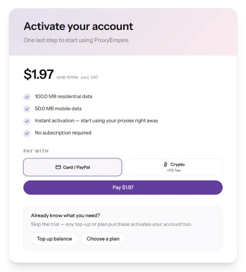 ProxyEmpire account activation screen: $1.97 one-time payment for 100 MB residential and 50 MB mobile data, paid by card, PayPal or crypto