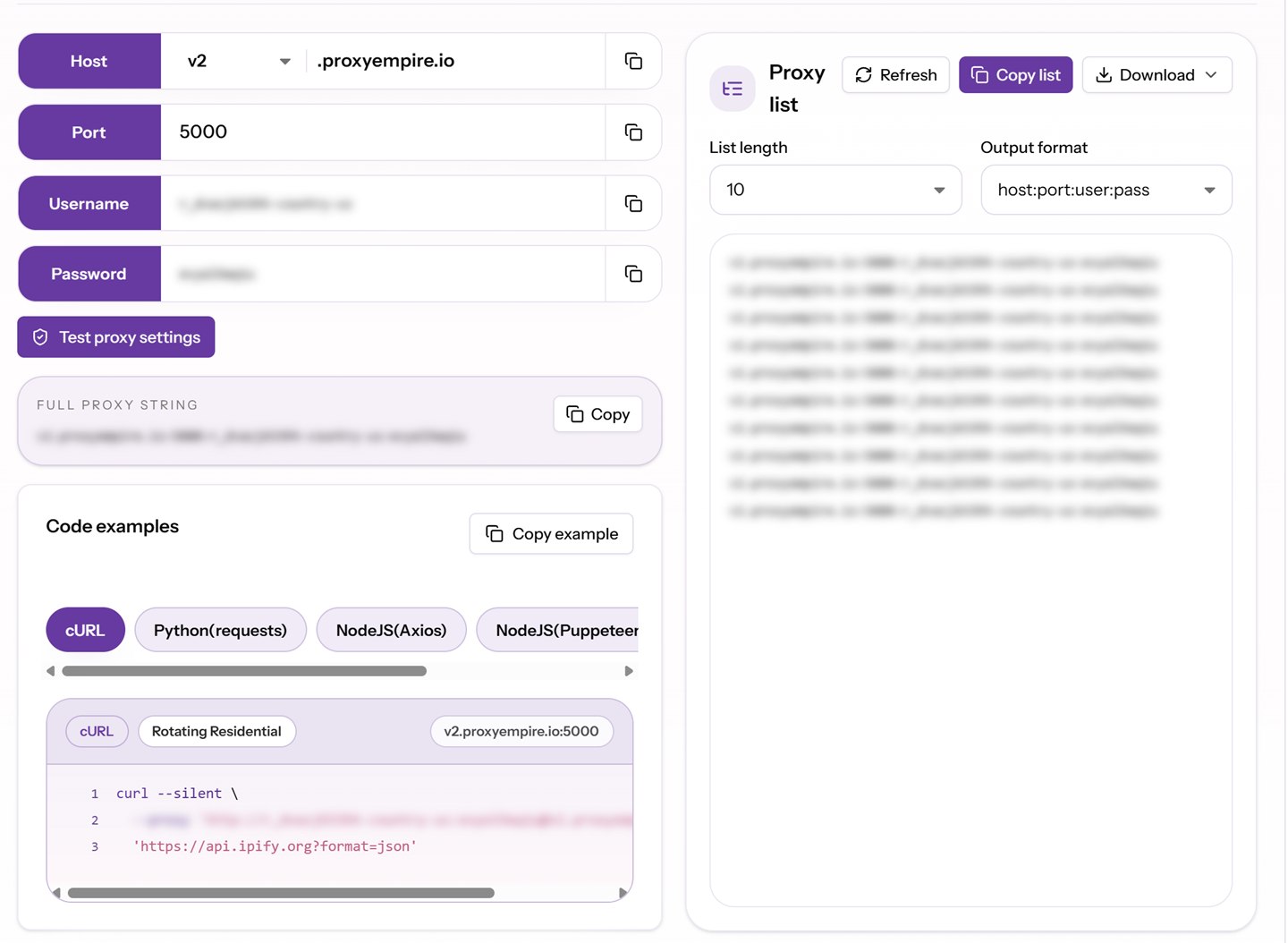ProxyEmpire Proxy Manager showing host, port, username and password fields, a generated proxy list and code examples, with credentials blurred