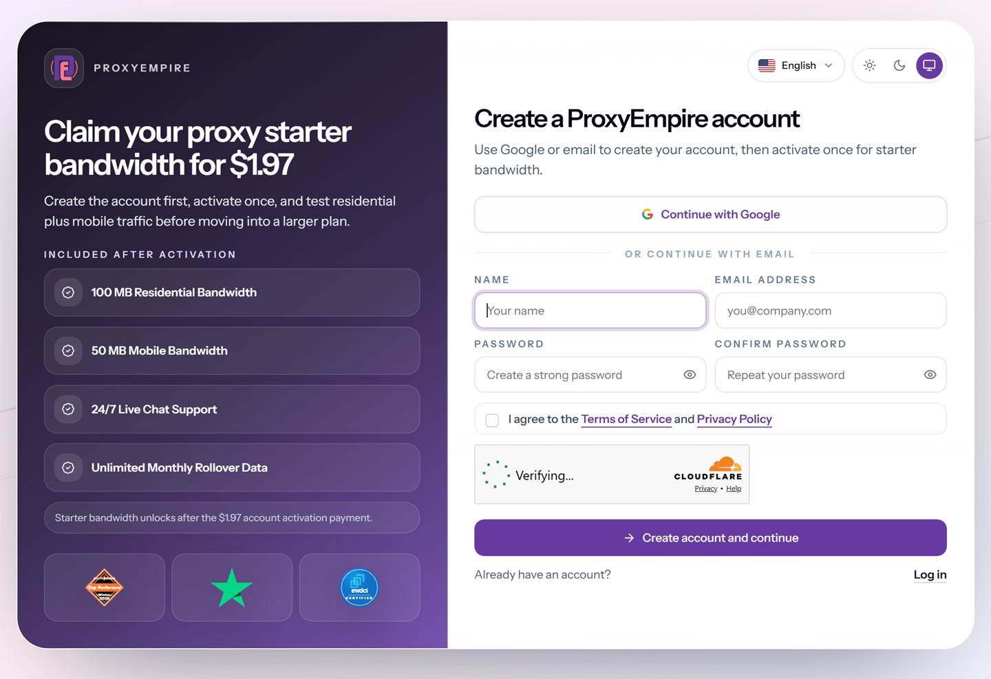 ProxyEmpire sign-up page for the $1.97 proxy trial, with Continue with Google and an email registration form