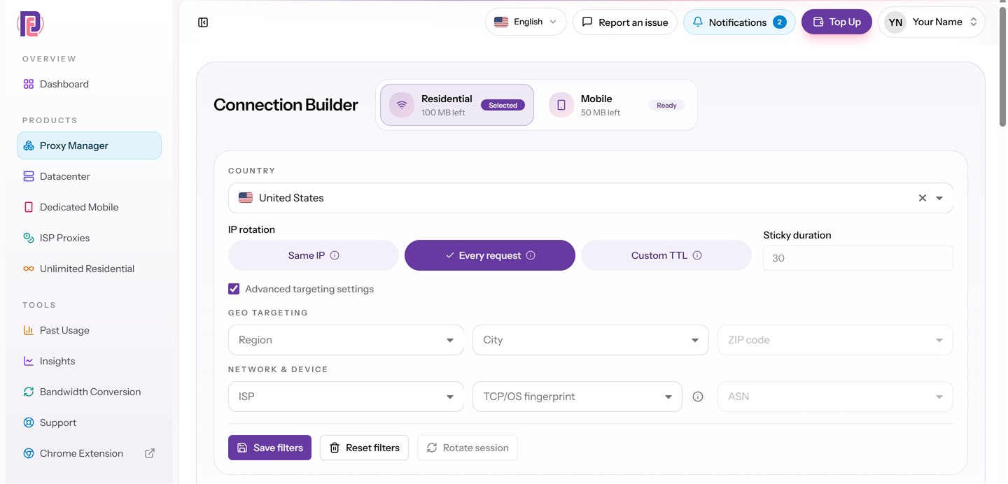 ProxyEmpire Proxy Manager Connection Builder with country, IP rotation, region, city, ZIP, ISP, ASN and TCP/OS fingerprint targeting