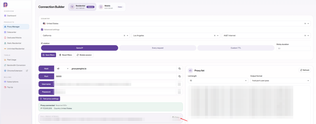 ProxyEmpire Connection Builder with country, city and ISP targeting, Same IP rotation, host v2.proxyempire.io and port 5000