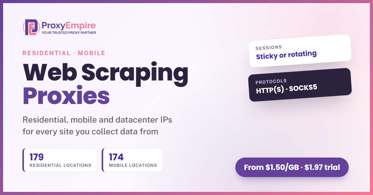 Scraping Proxy – ProxyEmpire Web Scraping Proxies by ProxyEmpire: residential, mobile and datacenter IPs for data collection, with the Scraping API coming soon