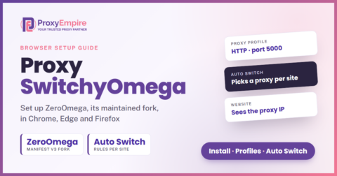 ZeroOmega setup: a proxy profile on port 5000 and Auto Switch rules that pick a proxy for each website