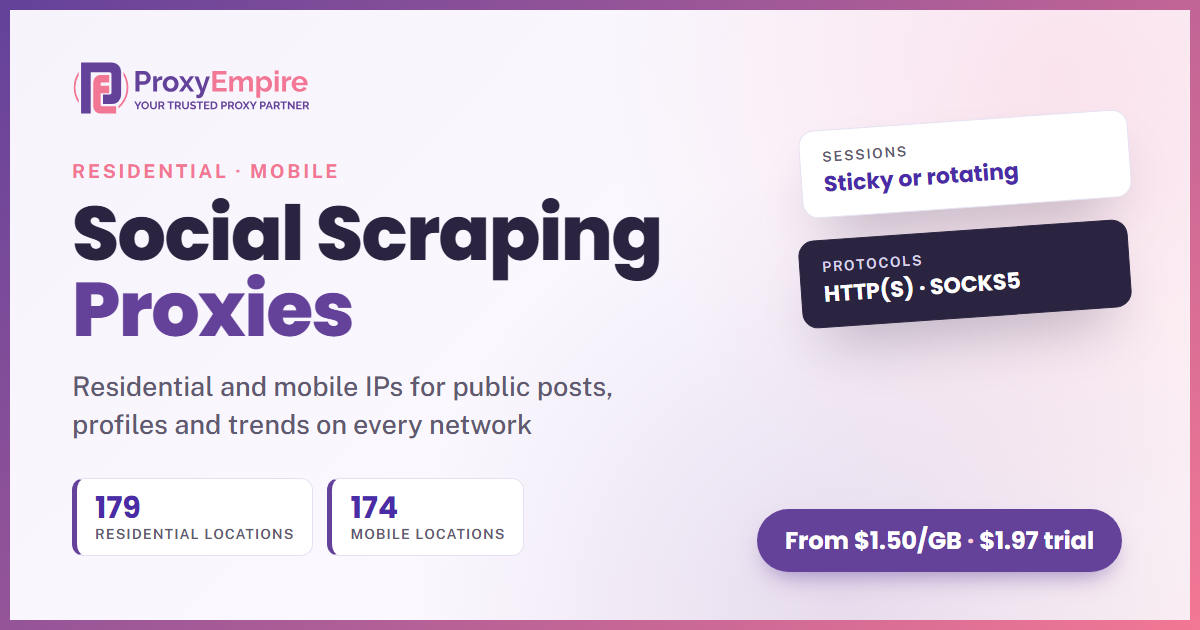 Social Media Proxy β ProxyEmpire Social Media Scraping Proxies by ProxyEmpire: residential and mobile IPs for public social data, with the Social Media Scraping API coming soon