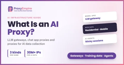 Three kinds of AI proxy: an LLM gateway in front of model APIs, a chat app API endpoint, and proxy exit IPs for AI web data collection