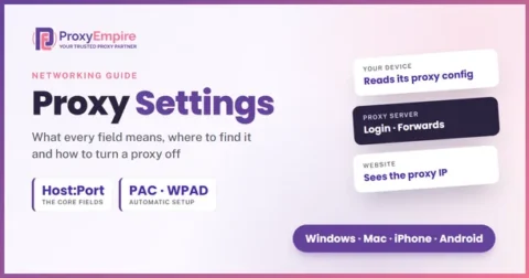 Proxy settings diagram: a device reads its proxy host, port and login, connects through the proxy server, and the website sees the proxy IP