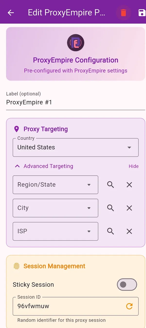 ProxyEmpire Proxy Manager Android app: profile with country, region, city and ISP targeting and a sticky session switch
